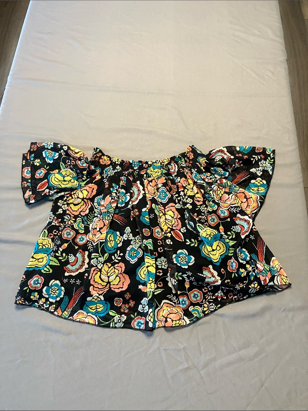love, Fire Black Floral Off-Shoulder Top with Multicolor Blossoms
